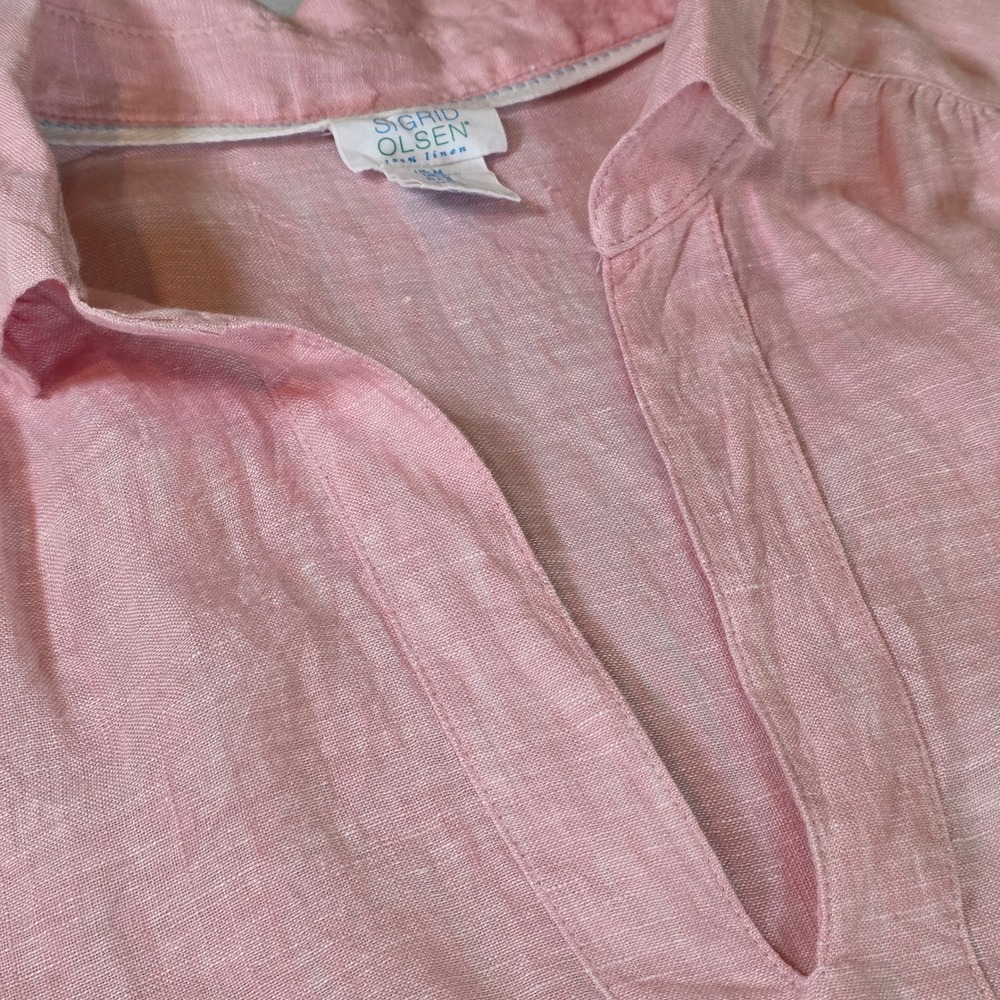 Sigrid Olsen Pink 100% Linen Split Neck Tunic Top Womens M 3/4 Sleeve Popover
